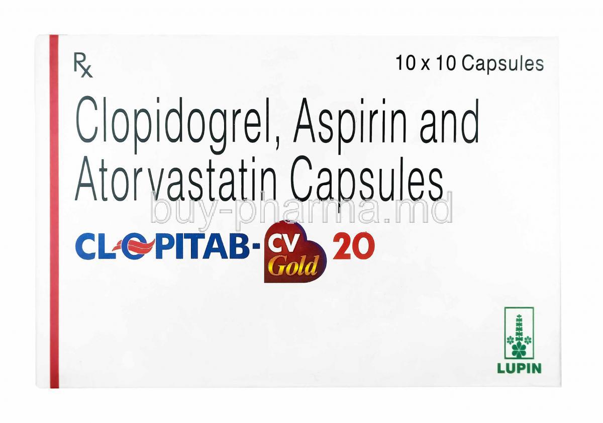 Clopitab-CV Gold, Aspirin low strength, Atorvastatin and Clopidogrel 20mg