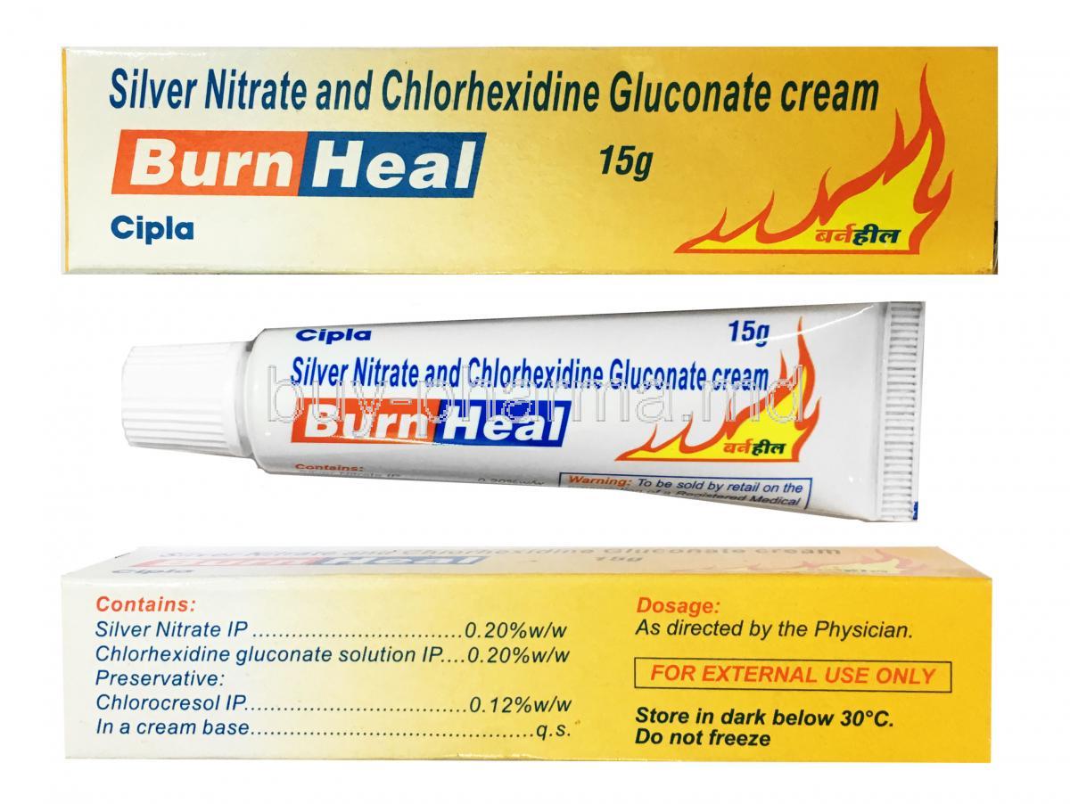 BurnHeal Cream, Silver Nitrate and Chlorhexidine Gluconate box and composition