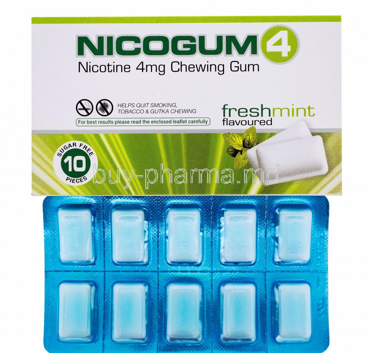 Nicotine Replacement Therapy Pastille/ Chewing Gum, Nicotine Polaorilex Gum USP 4mg, Nicogum4, Fresh mint flavoured, sugar free 10 pieces, Box front view with blister pack front view