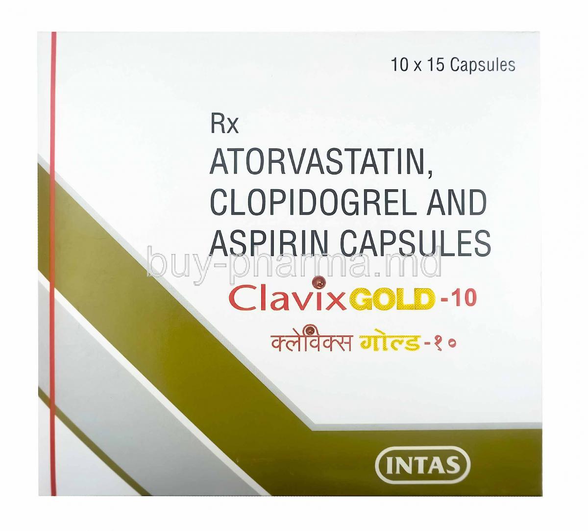 Clavix Gold, Aspirin low strength, Atorvastatin and Clopidogrel 10mg