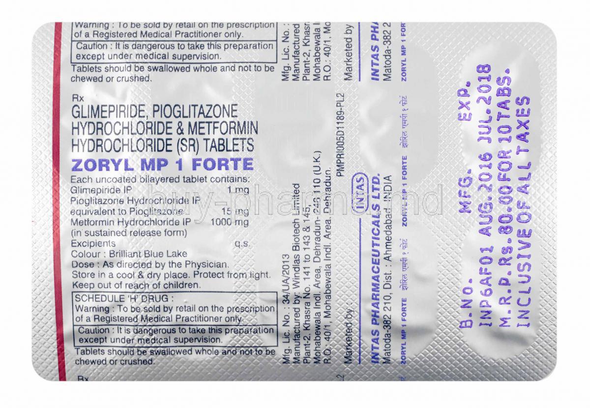 Zoryl MP Forte, Glimepiride, Metformin and Pioglitazone 1mg tablets back