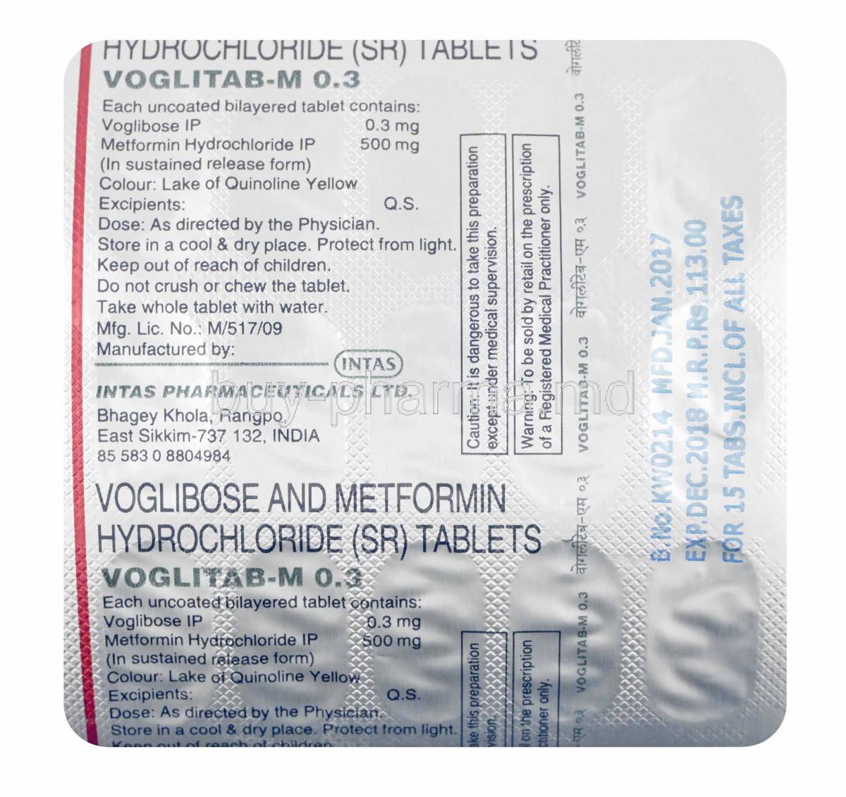 Voglitab-M, Metformin and Voglibose tablets back