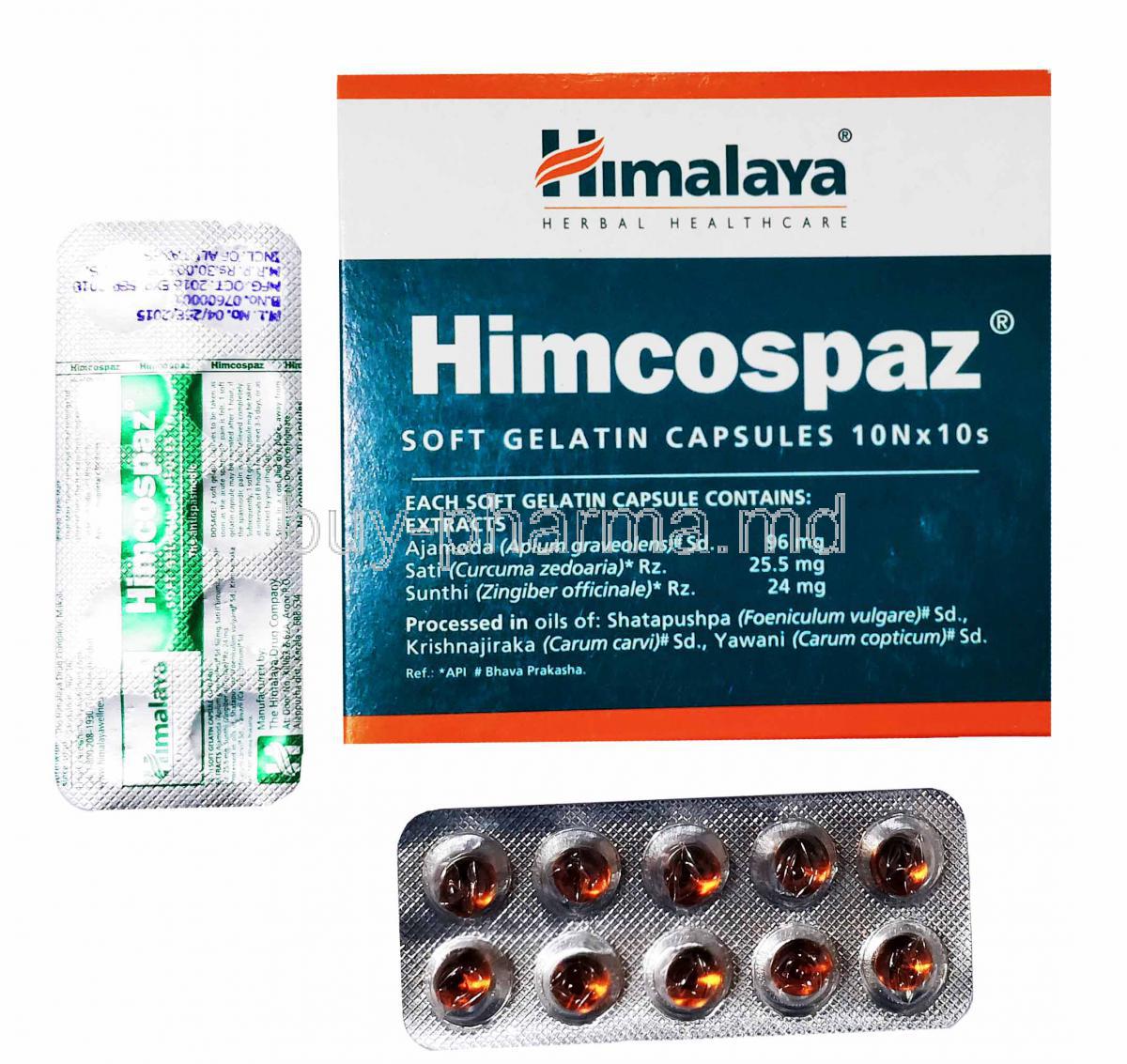 Himcospaz, Himalaya, soft gelatin capsules, box and blister pack presentation