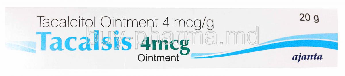 Tacalsis, Tacalcitol Ointment 4mcg/g, 20 g, Ajanta, box front presentation
