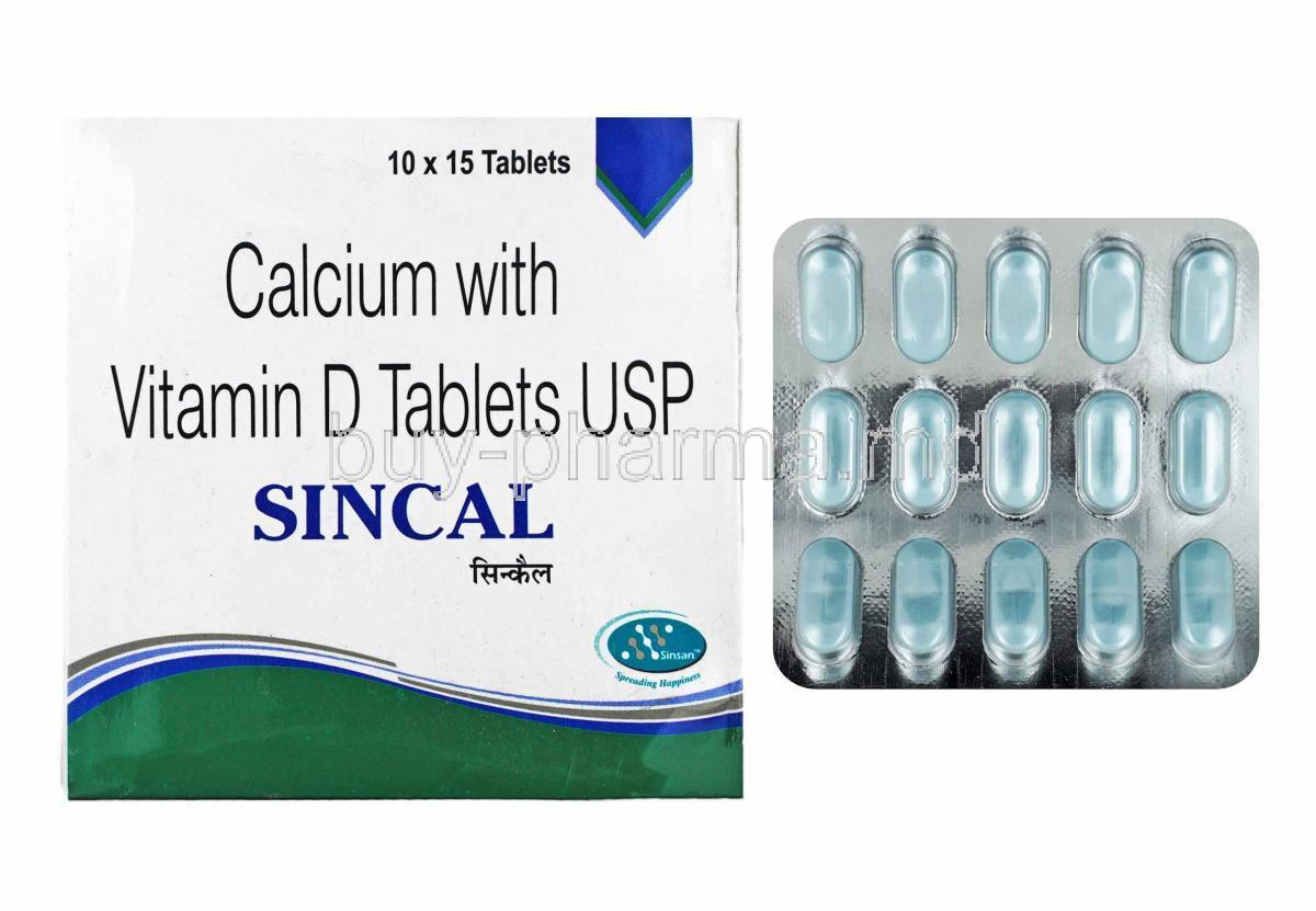 Sincal, Calcium and Vitamin D3 box and  tablets