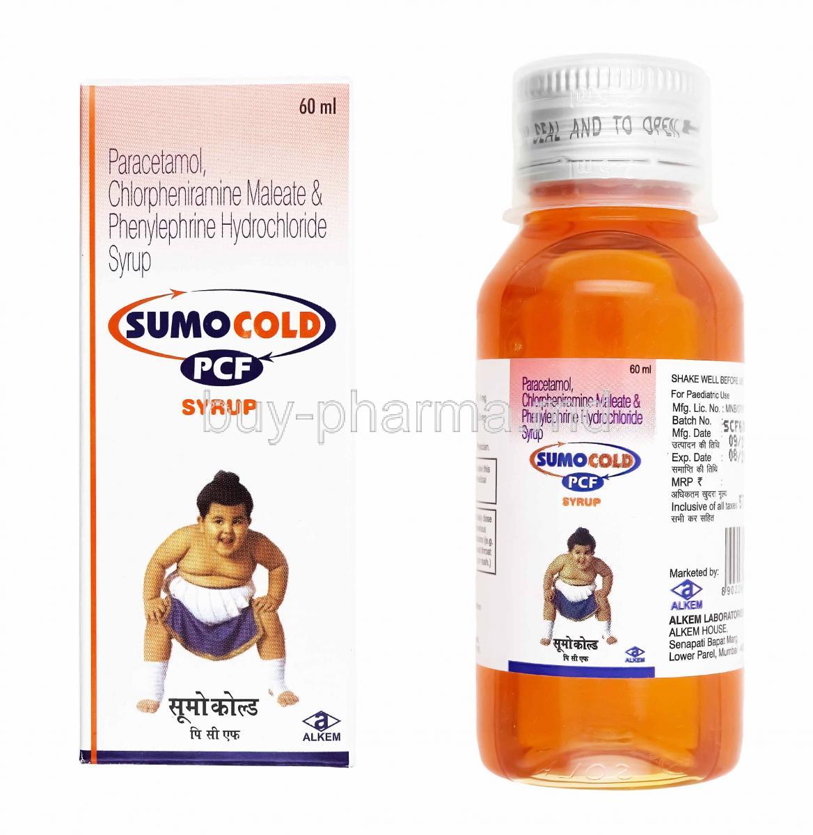 Sumo Cold PCF Syrup, Chlorpheniramine, Paracetamol and Phenylephrine box and bottle