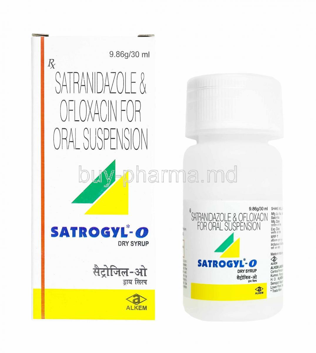 Satrogyl-O Oral Suspension, Satranidazole and Ofloxacin box, bottle