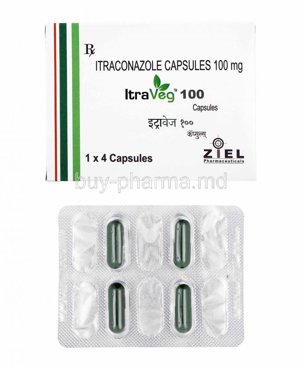Itraveg, Itraconazole 100mg box and capsules