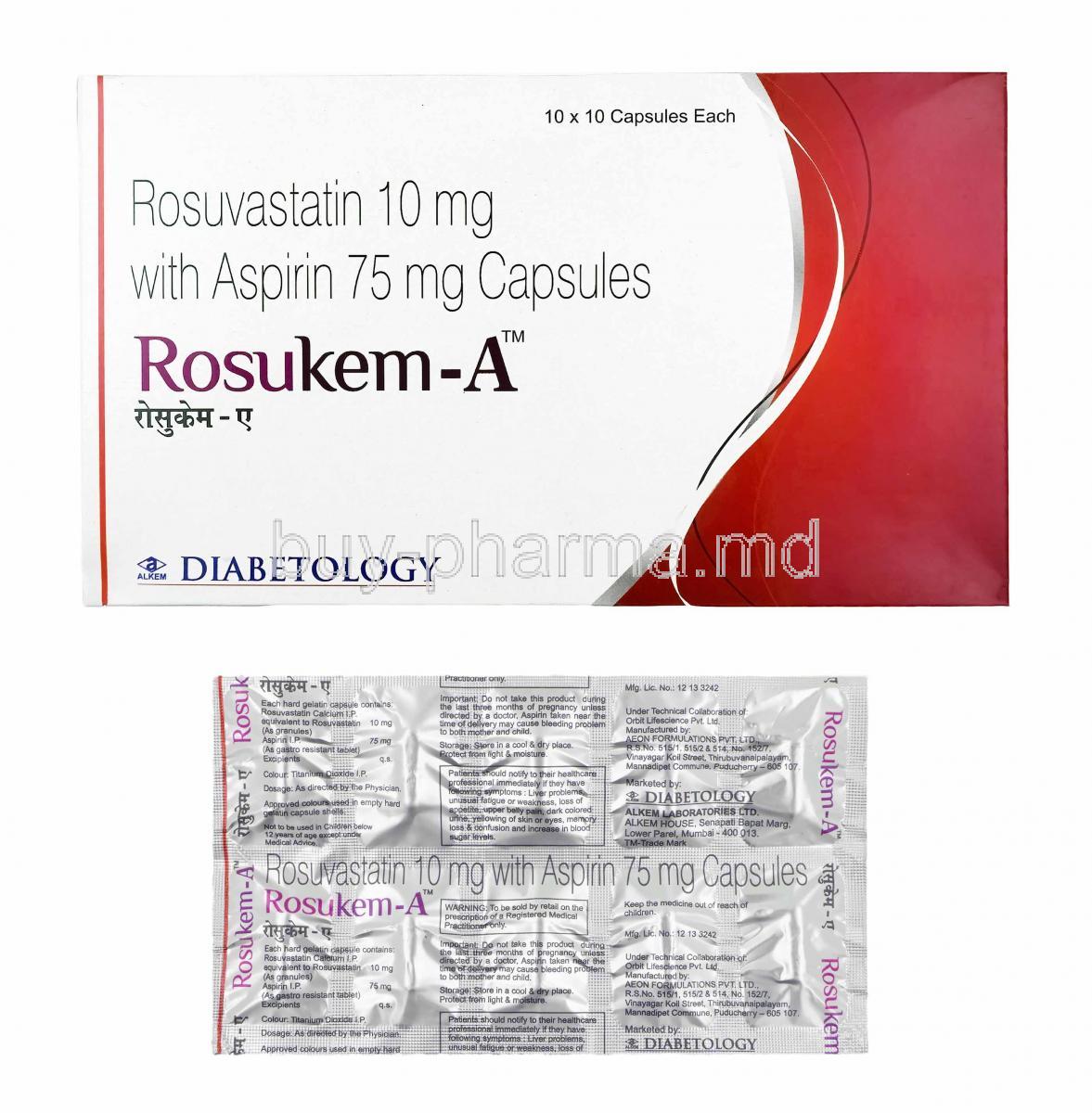 Rosukem-A, Rosuvastatin and Aspirin 75mg, box and capsules