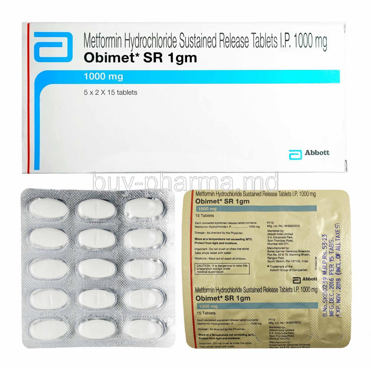 Obimet, Metformin 1000mg, box and tablets