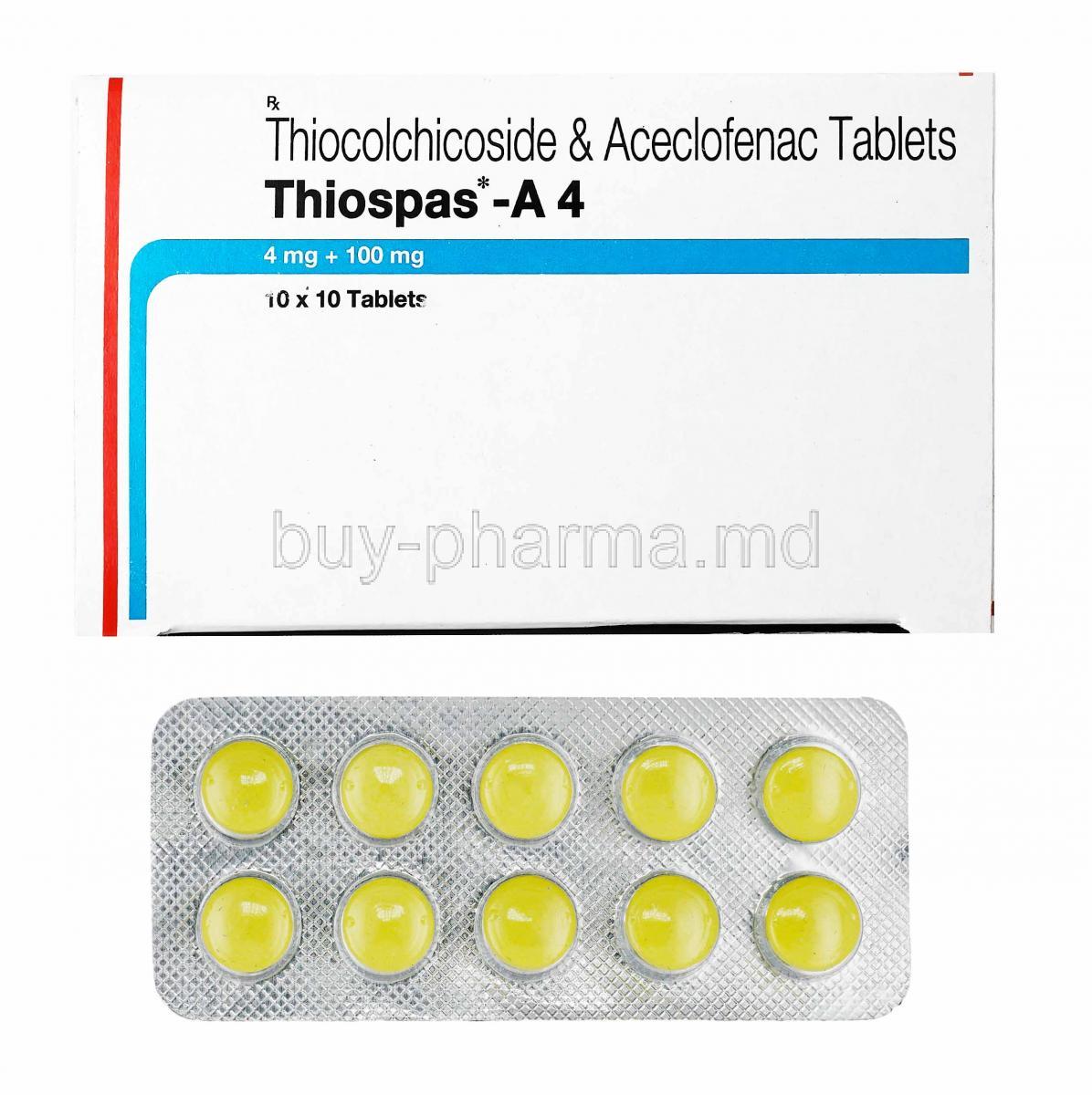 Thiospas-A, Aceclofenac and Thiocolchicoside 4mg box and tablets