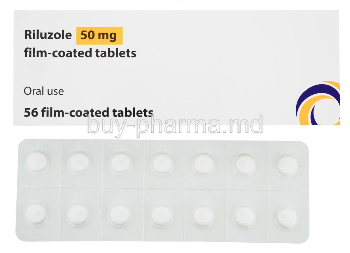 Riluzole, 50 tabs 50mg, box and blister pack front presentation