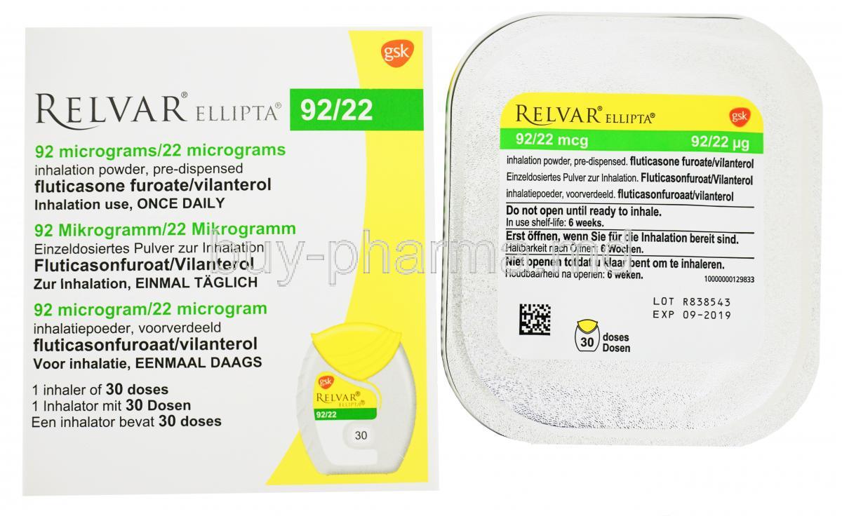 Relvar Ellipta Inhaler 92/22, GSK, box and pack presentation