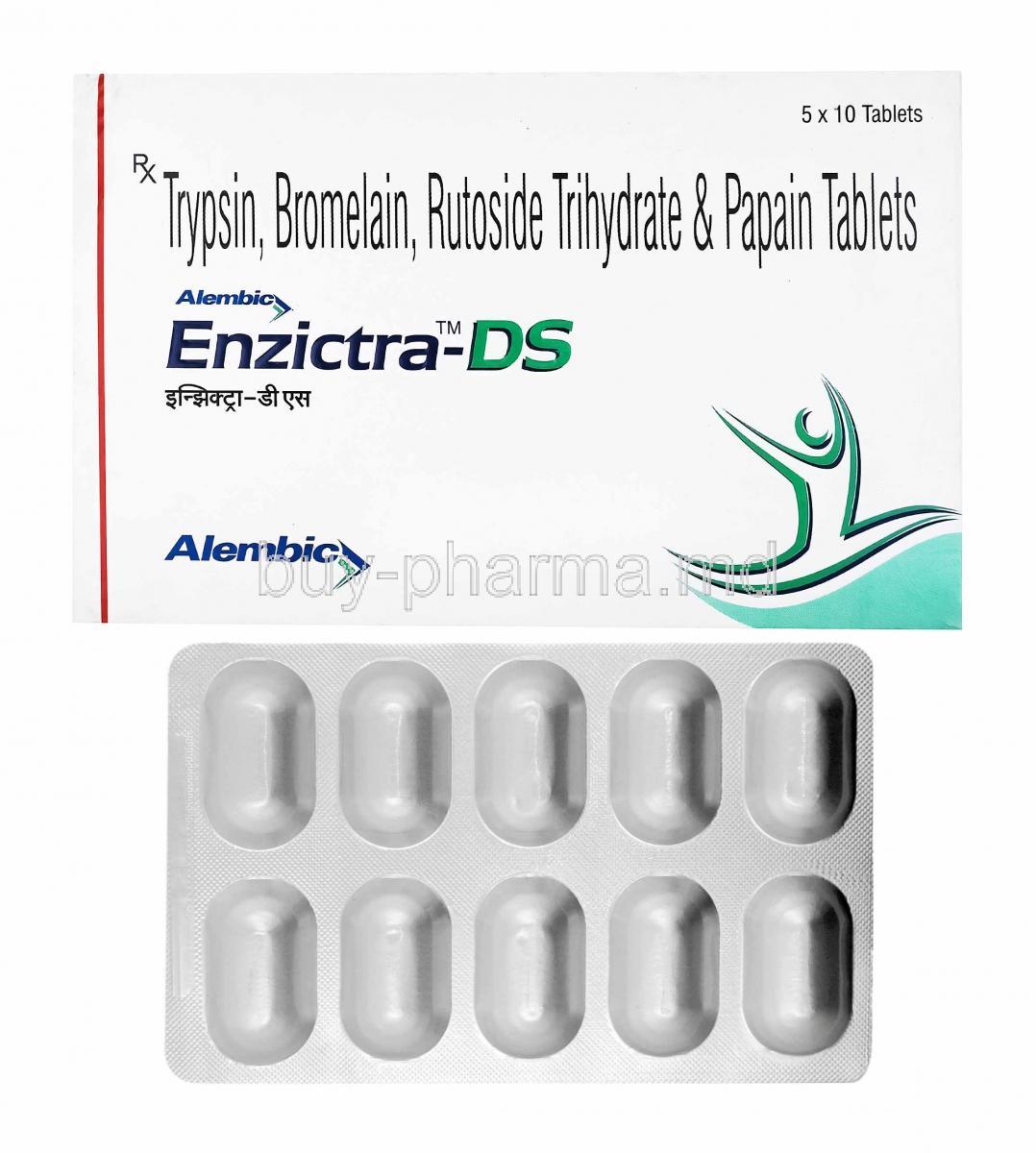 Enzictra-DS, Bromelain, Trypsin, Rutoside and Papain, box and tablets
