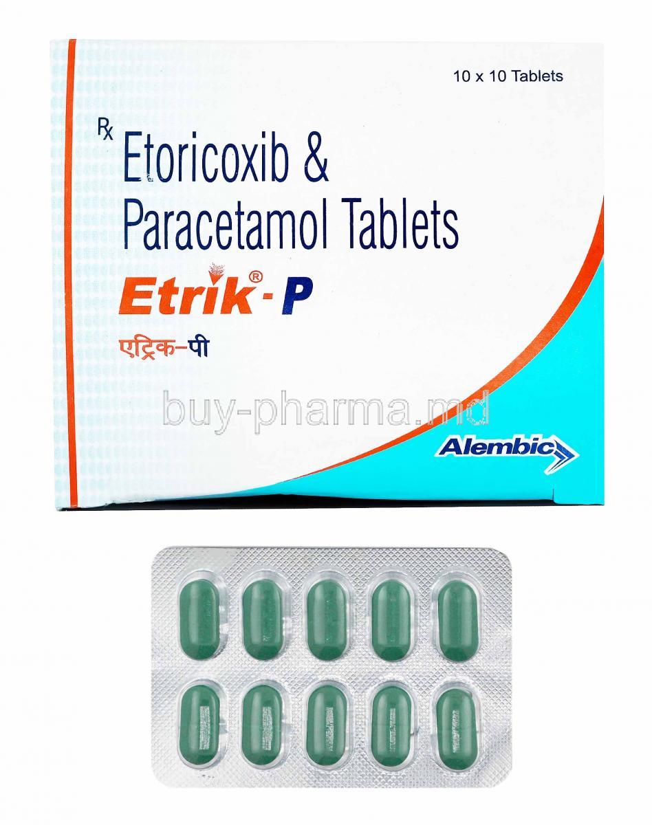 Etrik-P, Etoricoxib and Paracetamol box and tablets