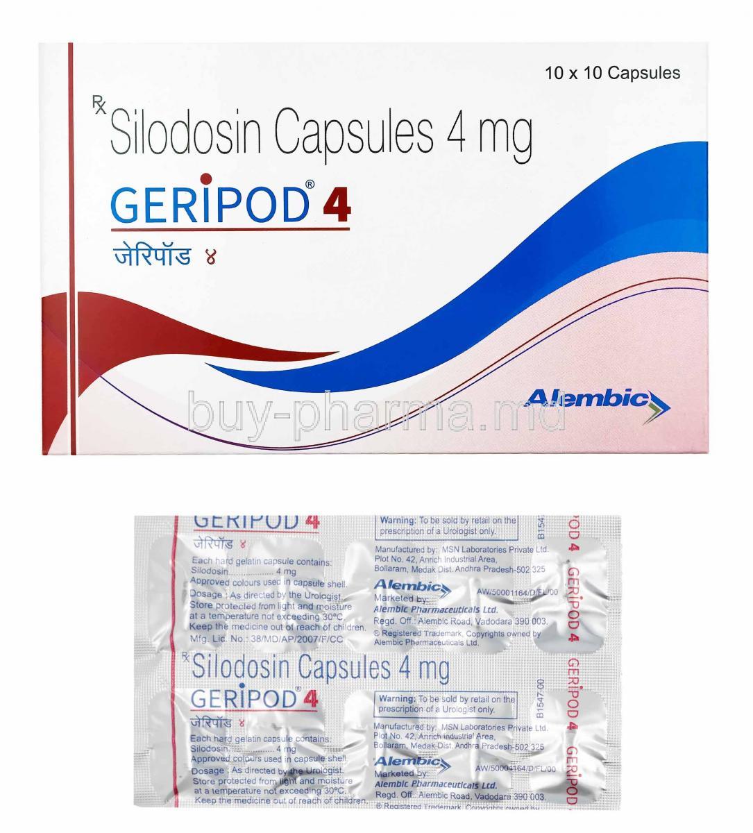 Geripod, Silodosin 4mg box and capsules