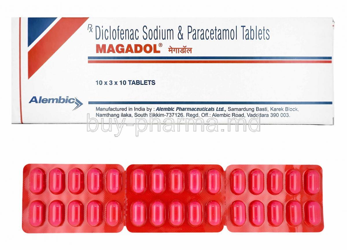 Magadol, Diclofenac and Paracetamol box and tablets