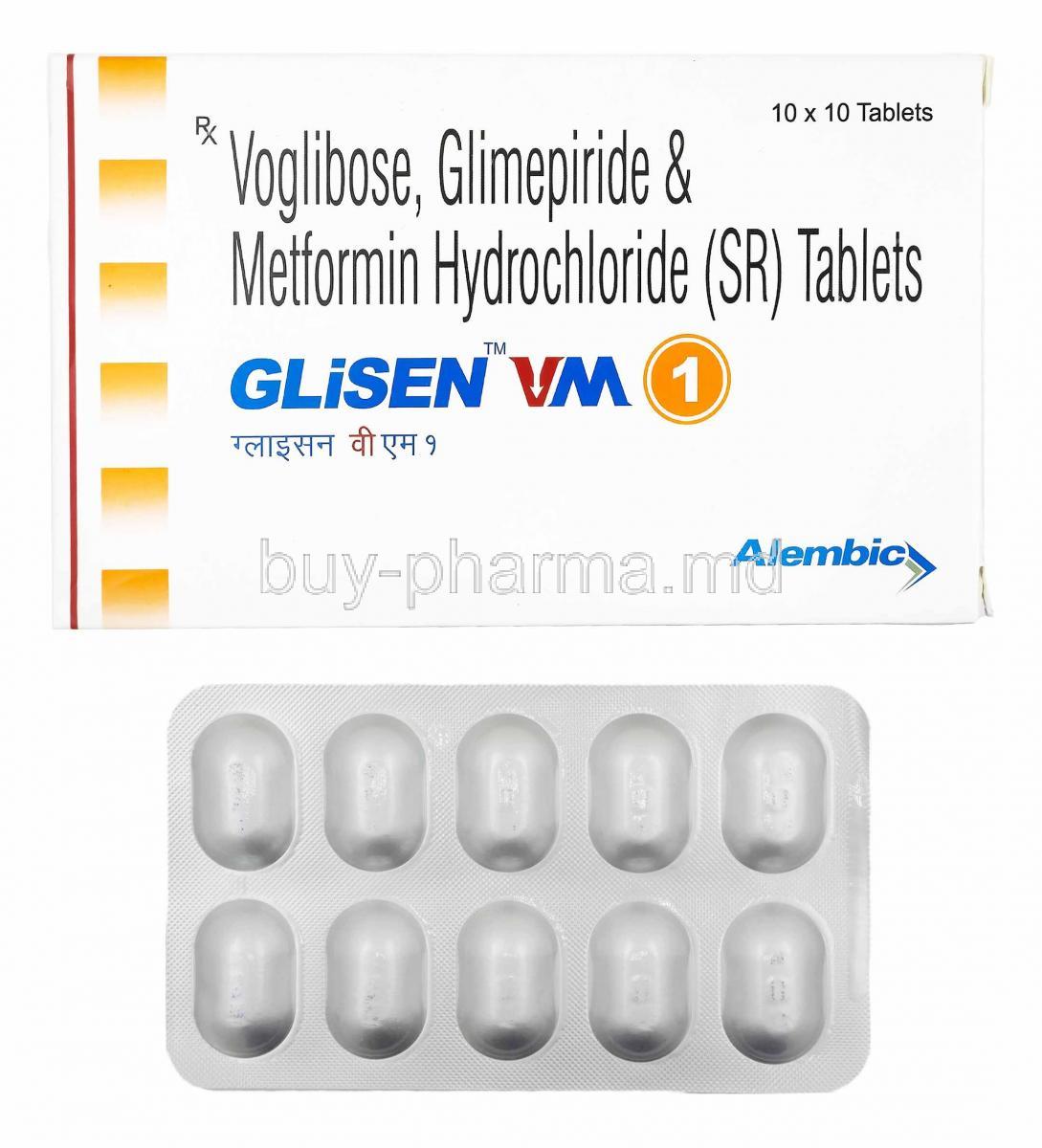 Glisen VM, Glimepiride, Metformin and Voglibose 1mg box and tablets