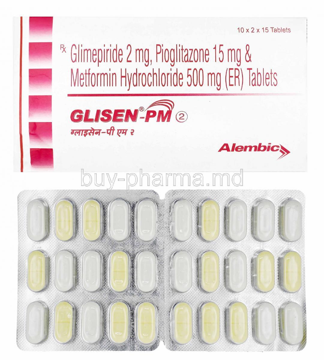 Glisen-PM, Glimepiride, Metformin and Pioglitazone 2mg box and tablets