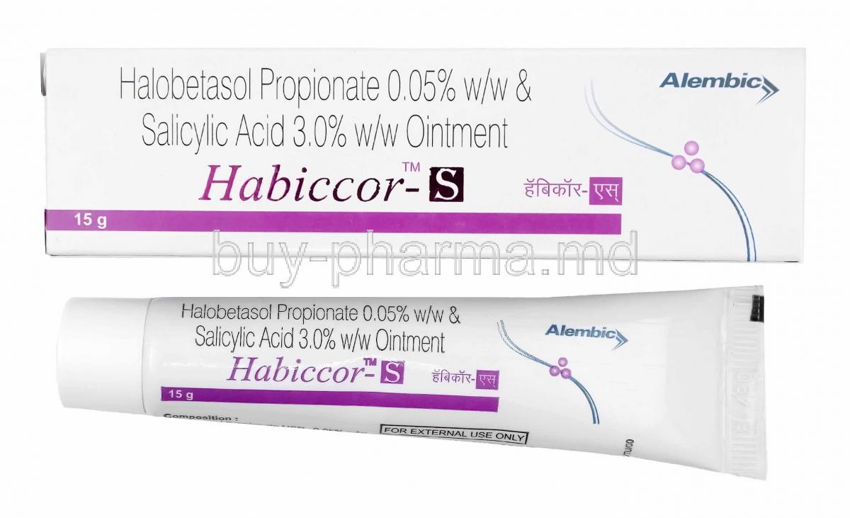 Habiccor-S Ointment, Halobetasol and Salicylic Acid box and tube