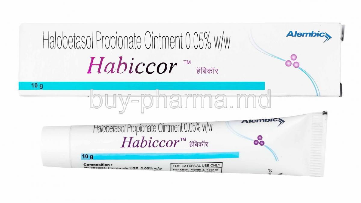 Habiccor Ointment, Halobetasol box and tube 10g