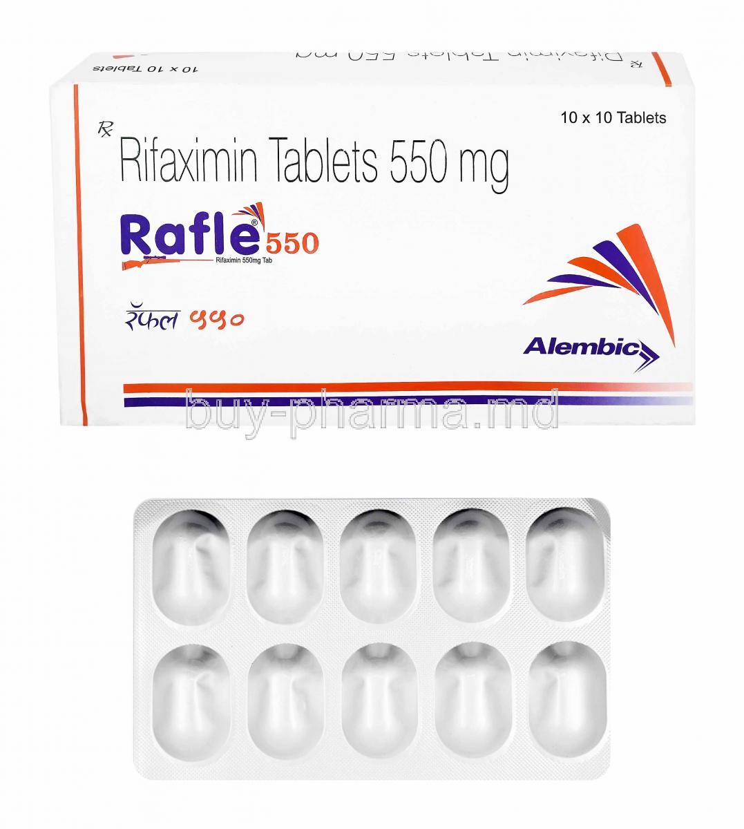 Rafle, Rifaximin 550mg box and tablets.