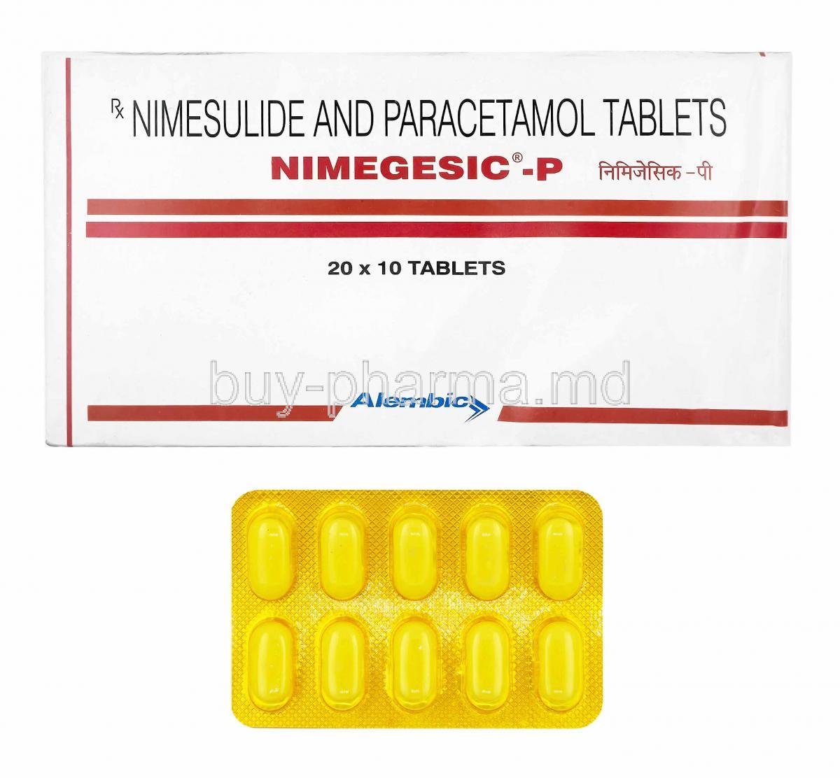 Nimegesic-P, Nimesulide and Paracetamol box and tablets