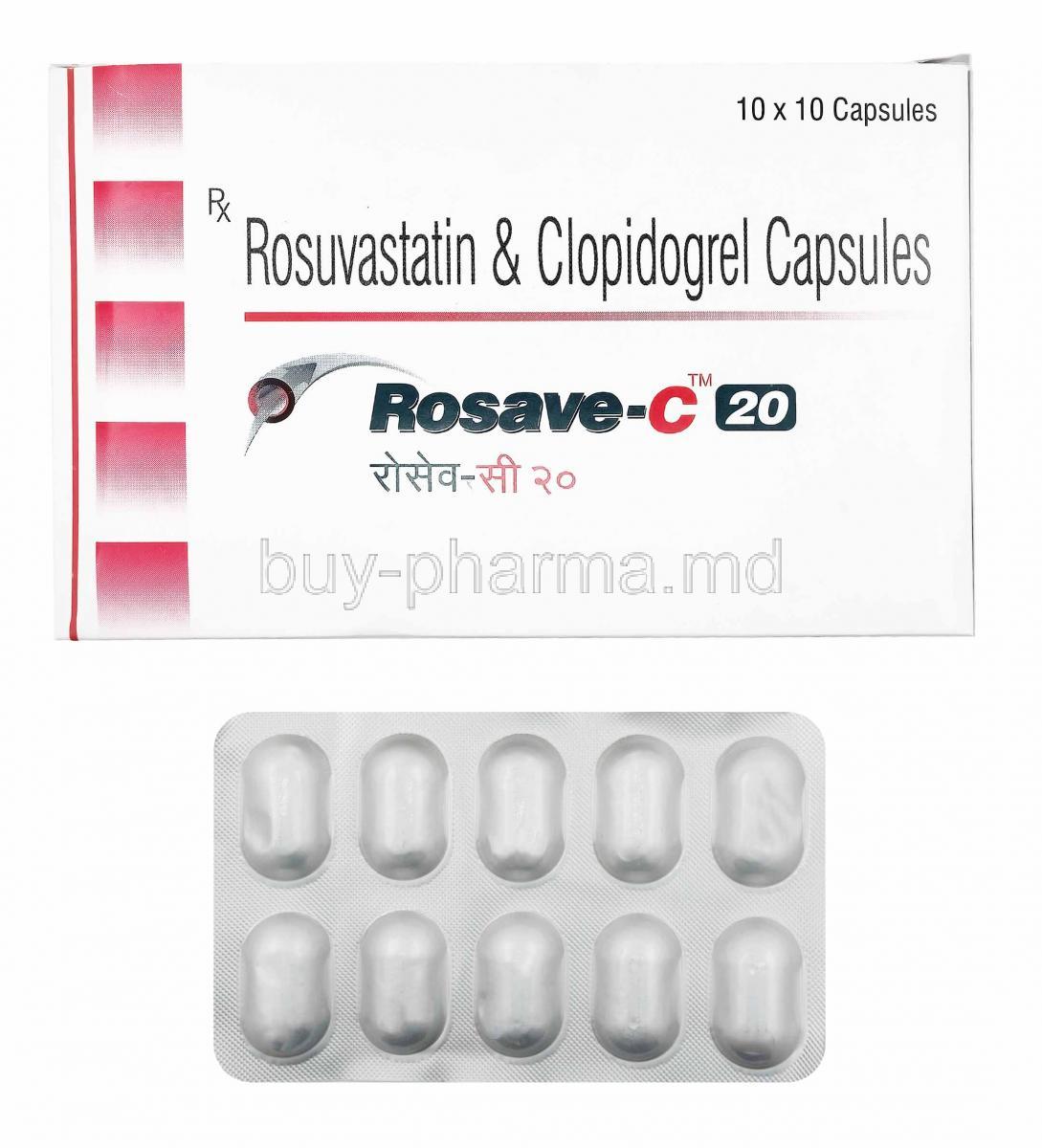 Rosave-C, Rosuvastatin and Clopidogrel 20mg box and capsules