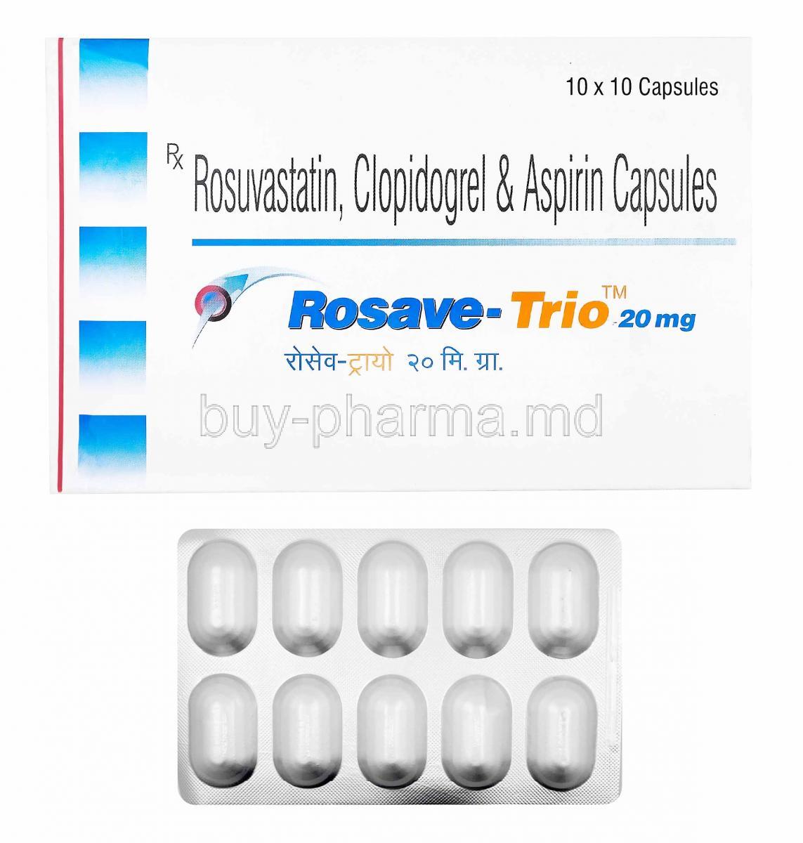 Rosave-Trio, Aspirin, Rosuvastatin and Clopidogrel 20mg box and tablets