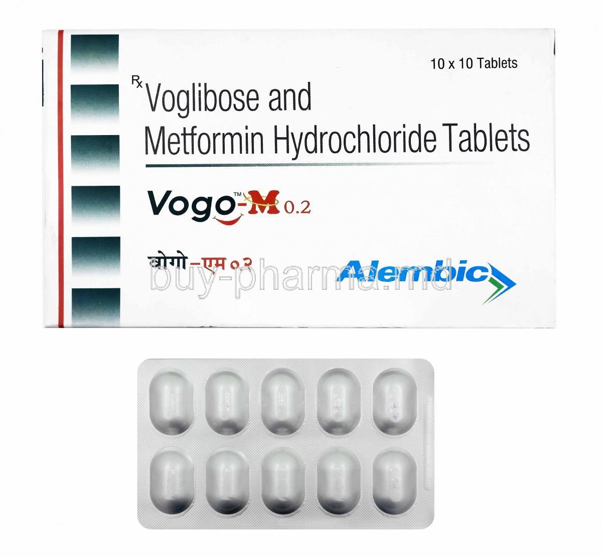 Vogo-M, Metformin and Voglibose 0.2mg box and tablets