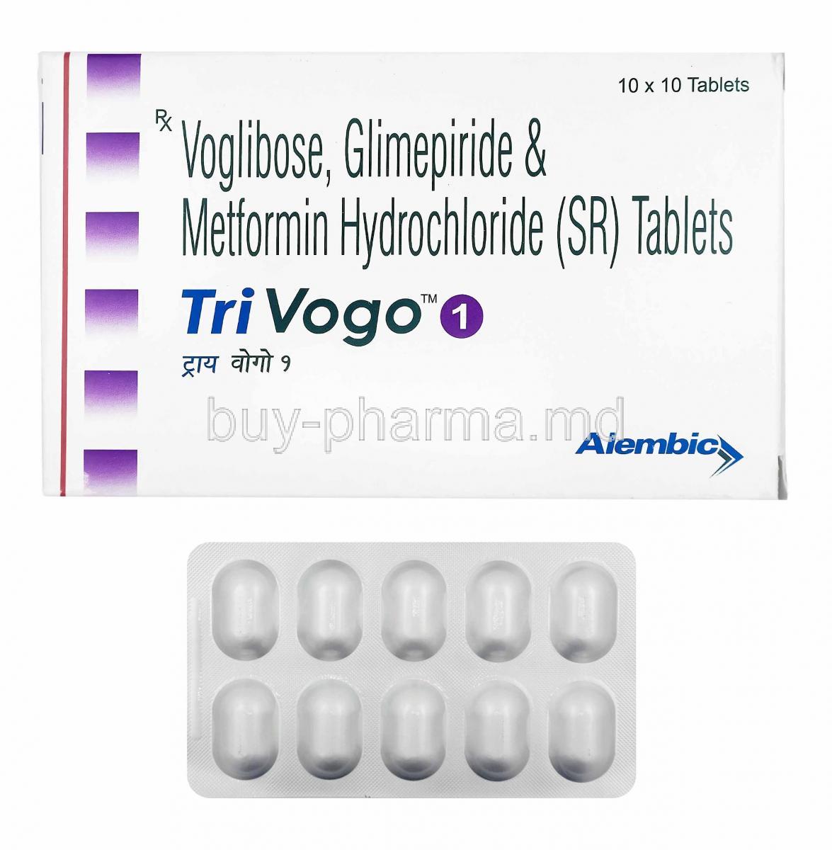 Trivogo, Glimepiride 1mg. Metformin 500mg and Voglibose 0.2mg box and tablets