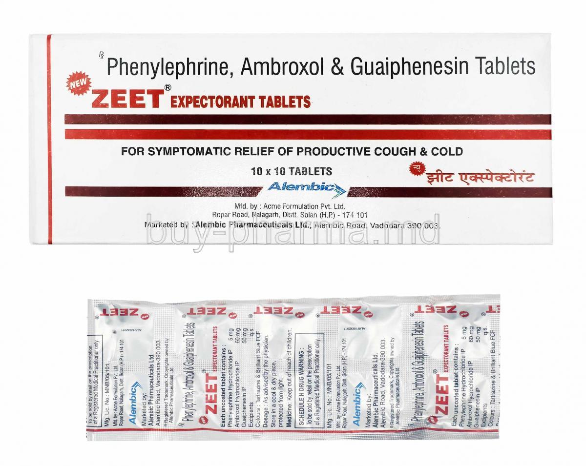 Zeet Expectorent, Phenylephrine Hydrochloride, Ambroxol Hydrochloride and Guaiphenesin box and tablets
