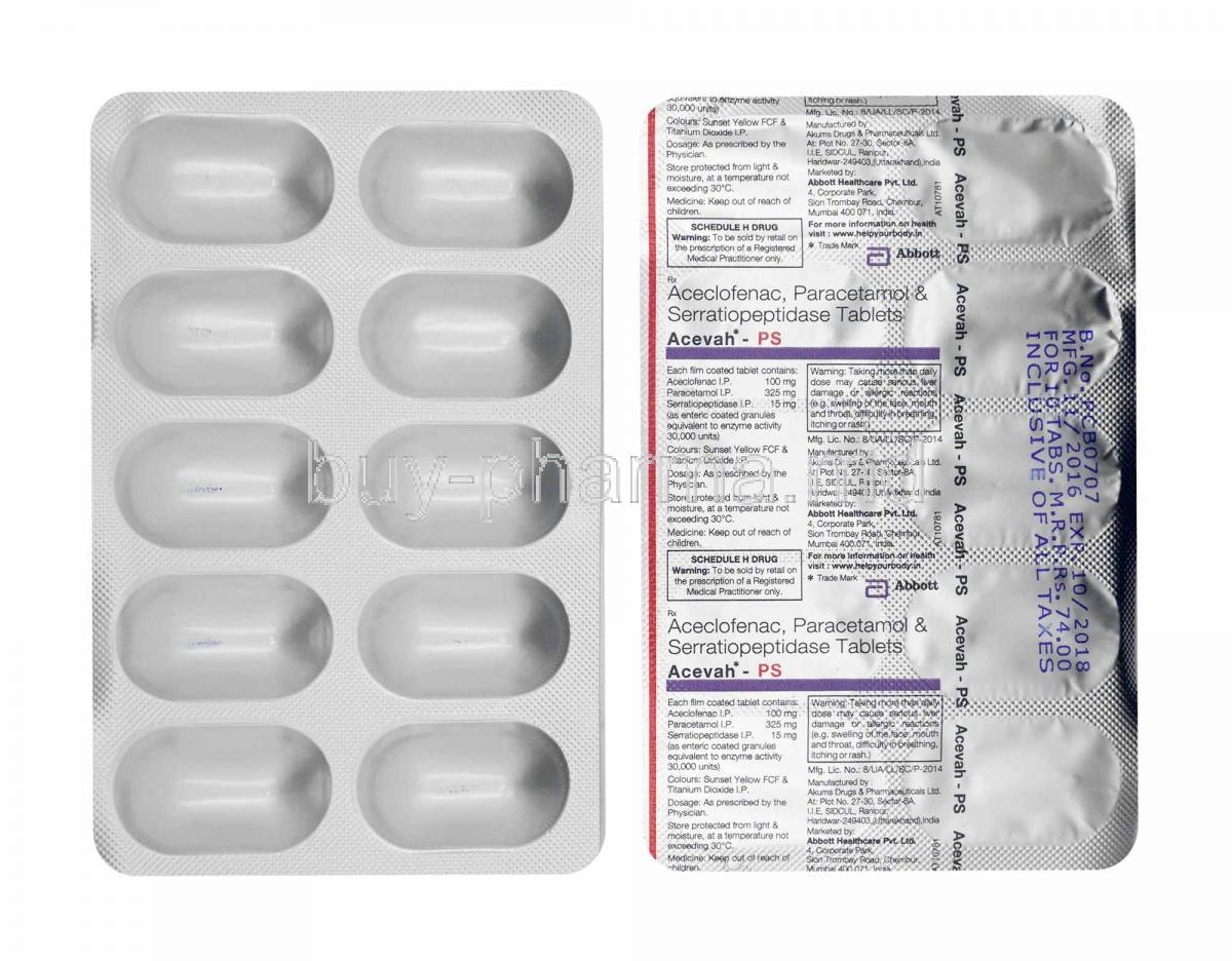 Buy Acevah Ps Aceclofenac Paracetamol Serratiopeptidase