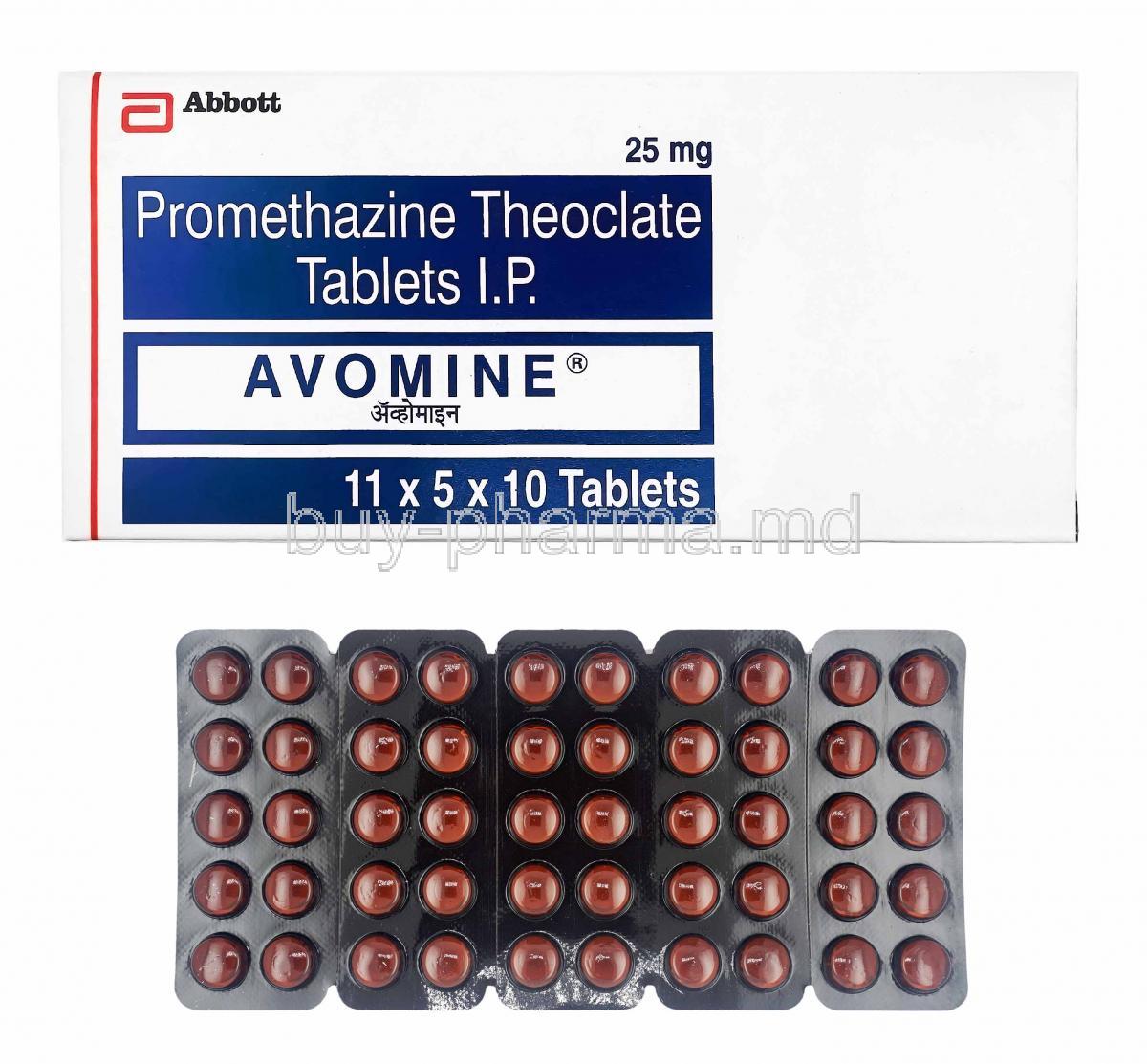 Avomine, Promethazine 25mg box and tablets