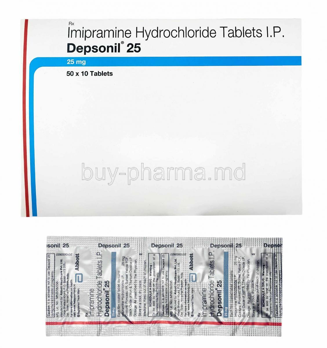 Depsonil, Imipramine box and tablets