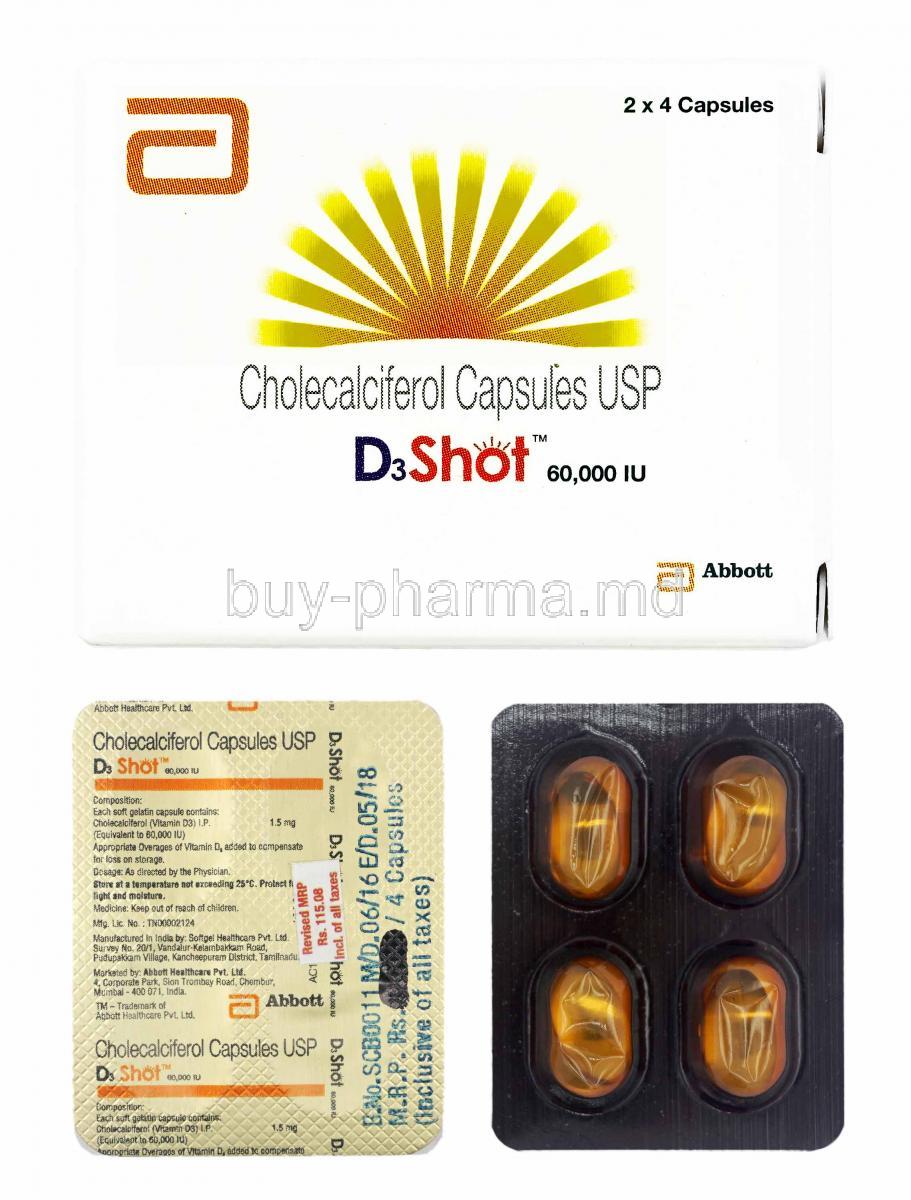 D3 Shot, Cholecalciferol box and capsules