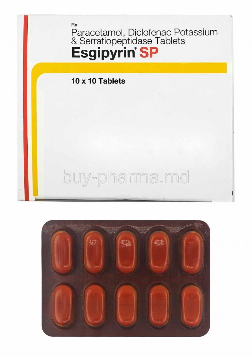 Esgipyrin SP, Diclofenac, Paracetamol and Serratiopeptidase box and tablets