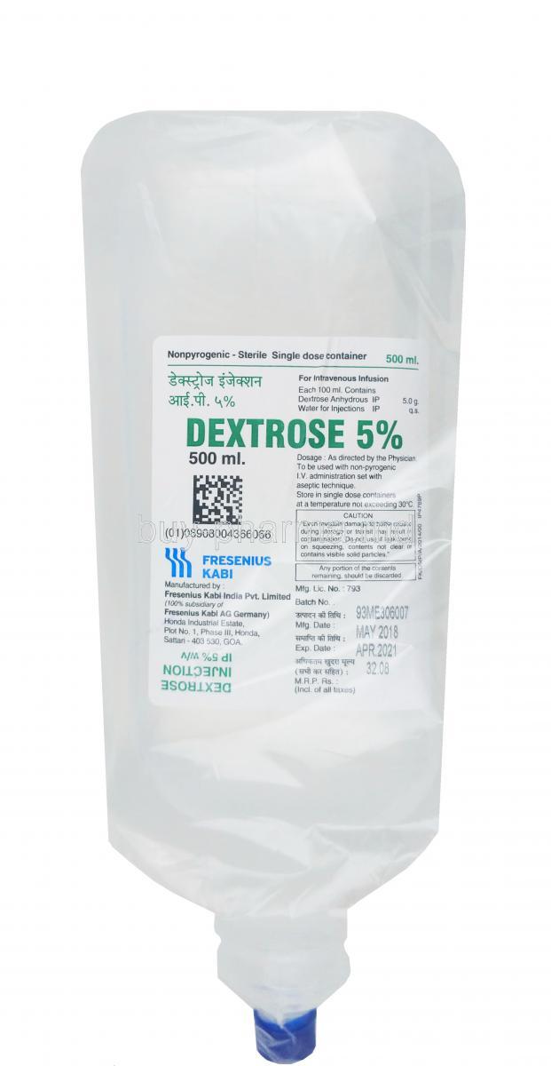 Dextrose Infusion 5%, bottle in plastic bag packaging presentation