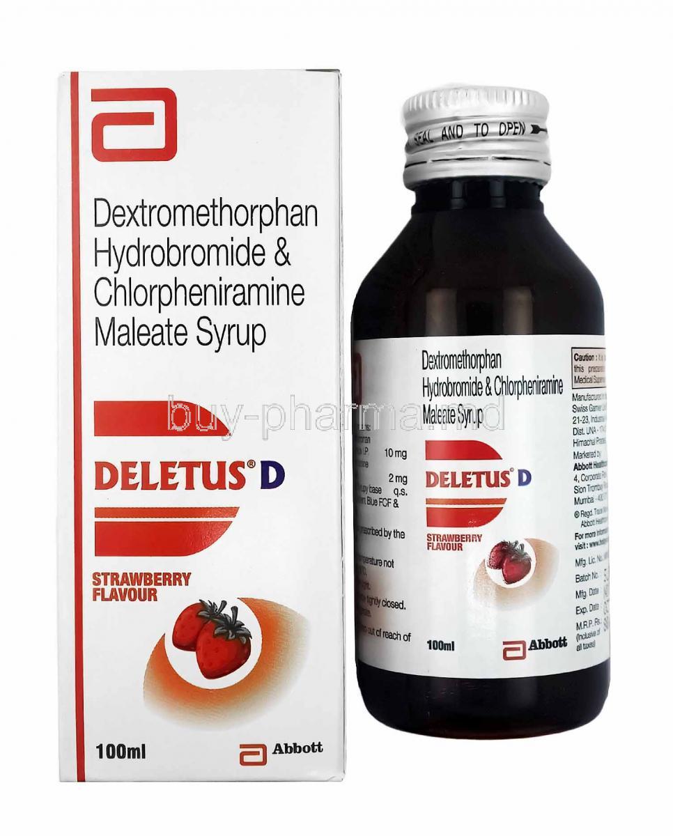 Deletus D Syrup, Chlorpheniramine and Dextromethorphan box and bottle