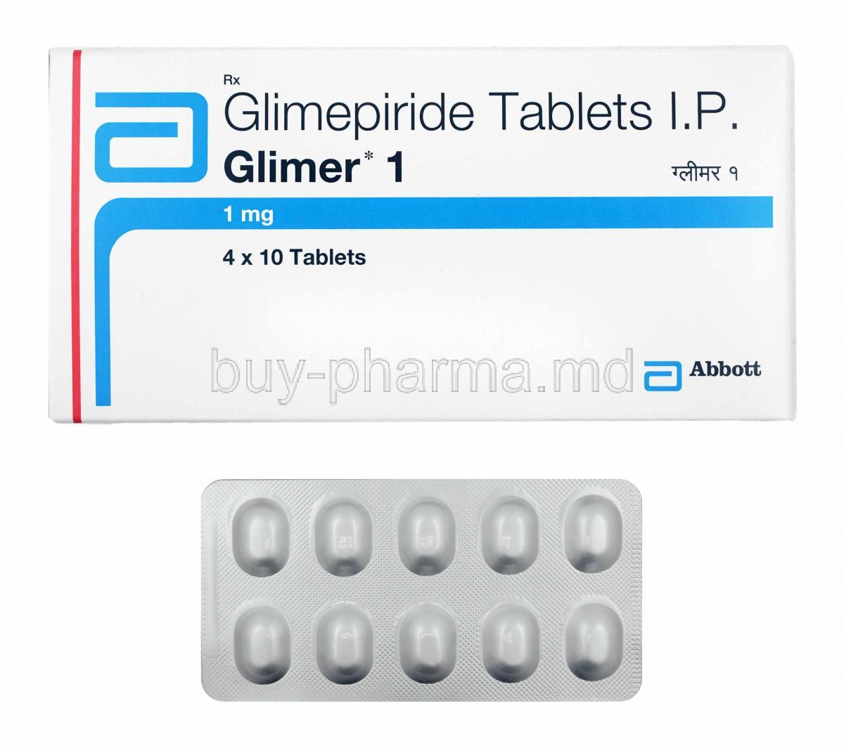 Glimer, Glimepiride 1mg box and tablets