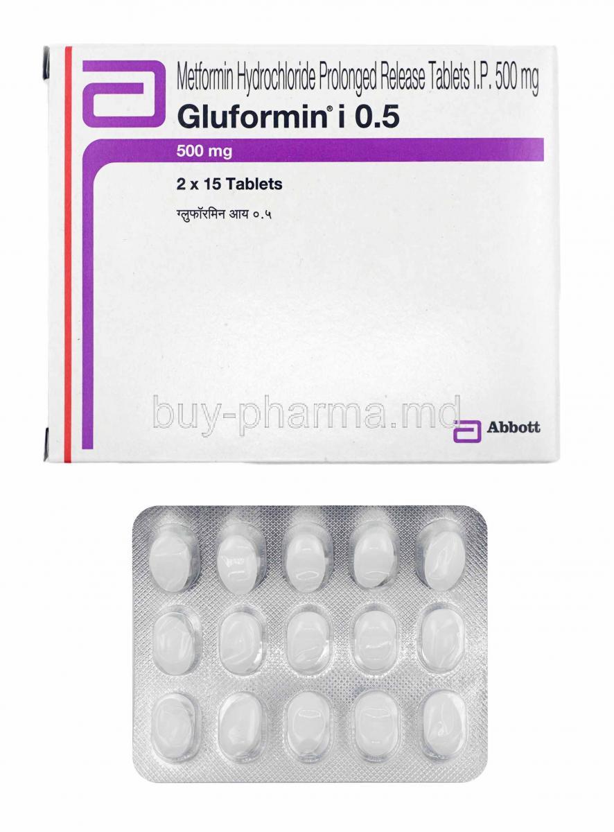Gluformin I, Metformin 500mg box and tablets