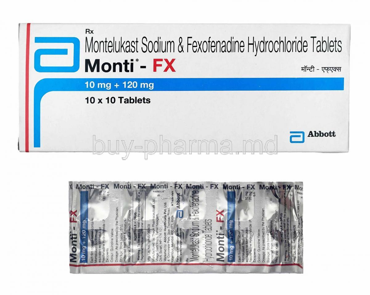 Monti FX, Montelukast and Fexofenadine box and tablets
