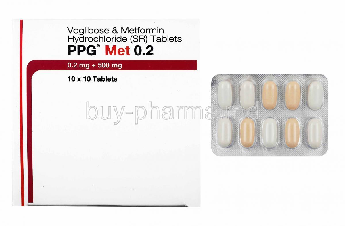 PPG Met, Metformin and Voglibose 0.2mg box and tablets