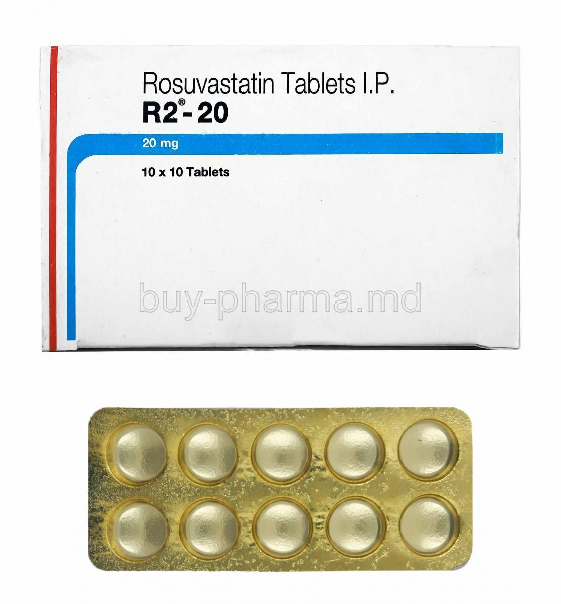 R2, Rosuvastatin 20mg box and tablets