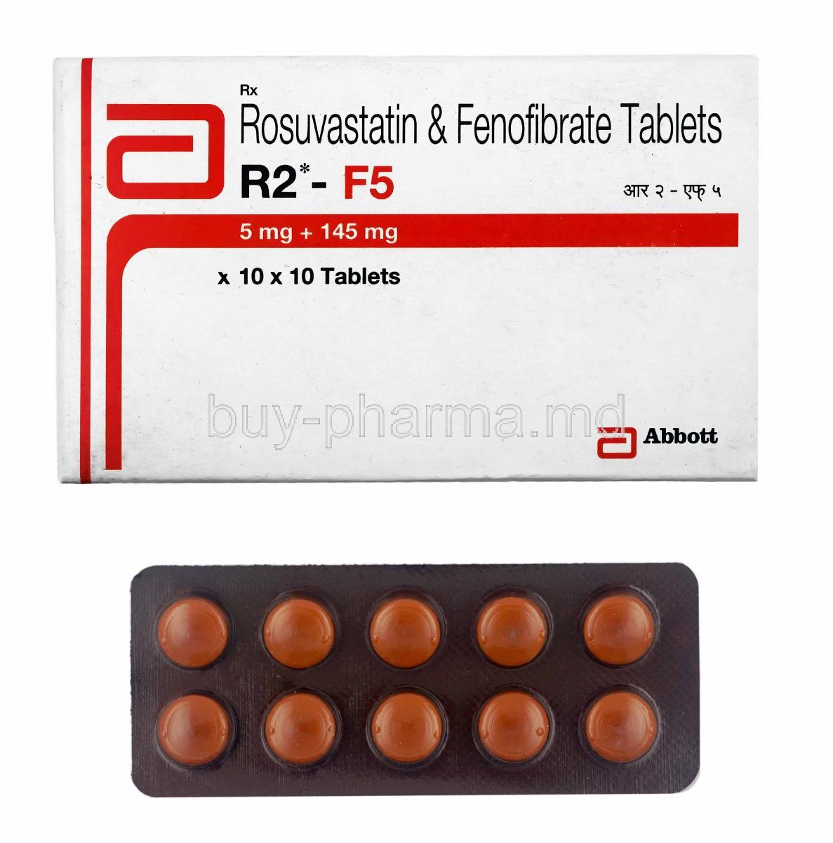 R2-F, Fenofibrate and Rosuvastatin 5mg box and tablets