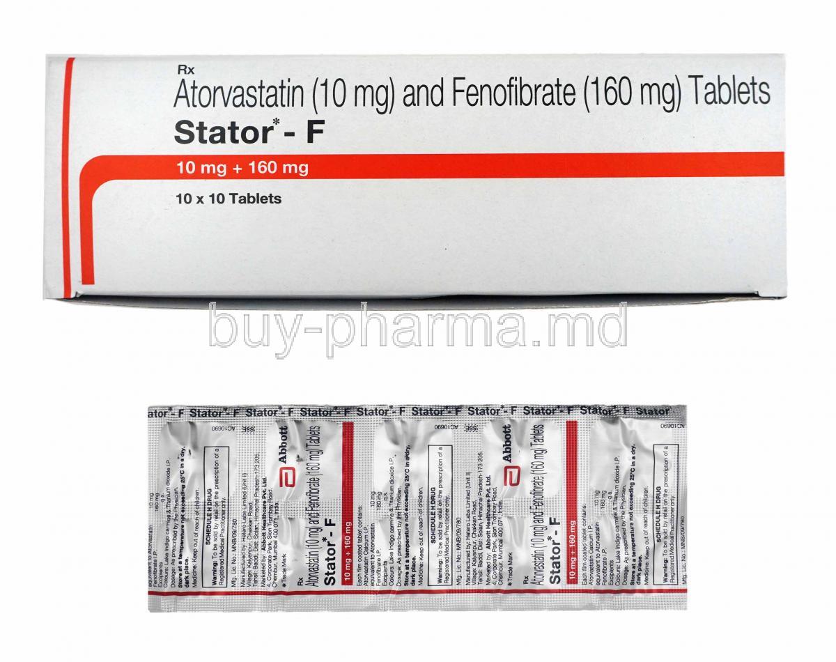 Stator-F, Atorvastatin and Fenofibrate box and tablets