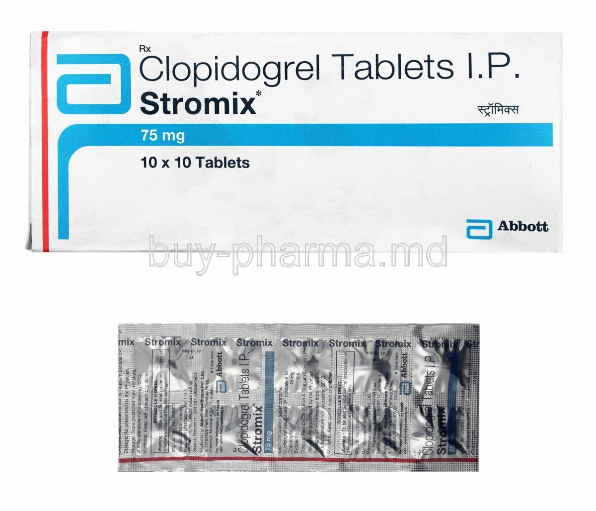 Stromix, Clopidogrel box and tablets