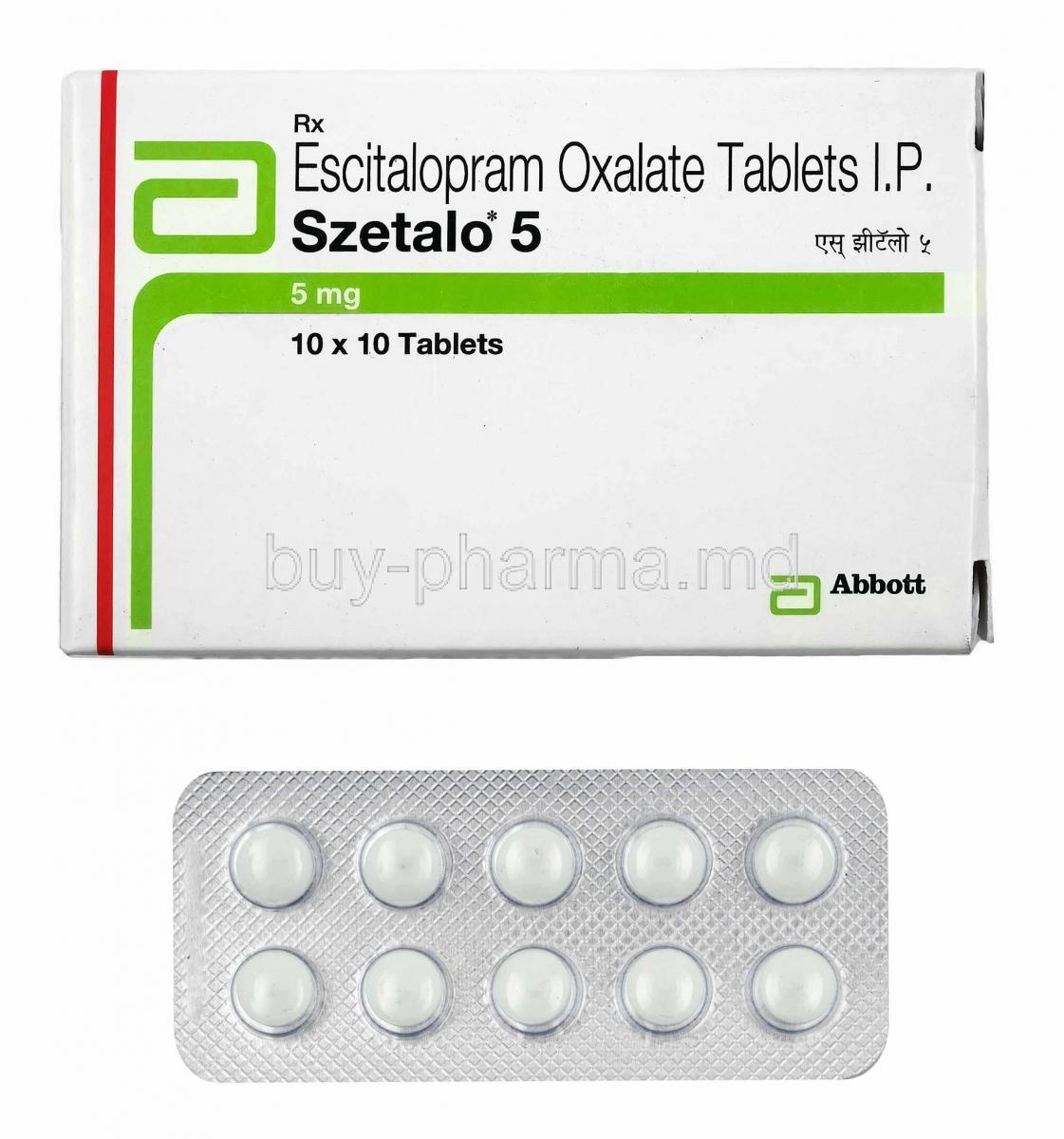 Szetalo, Escitalopram 5mg box and tablets