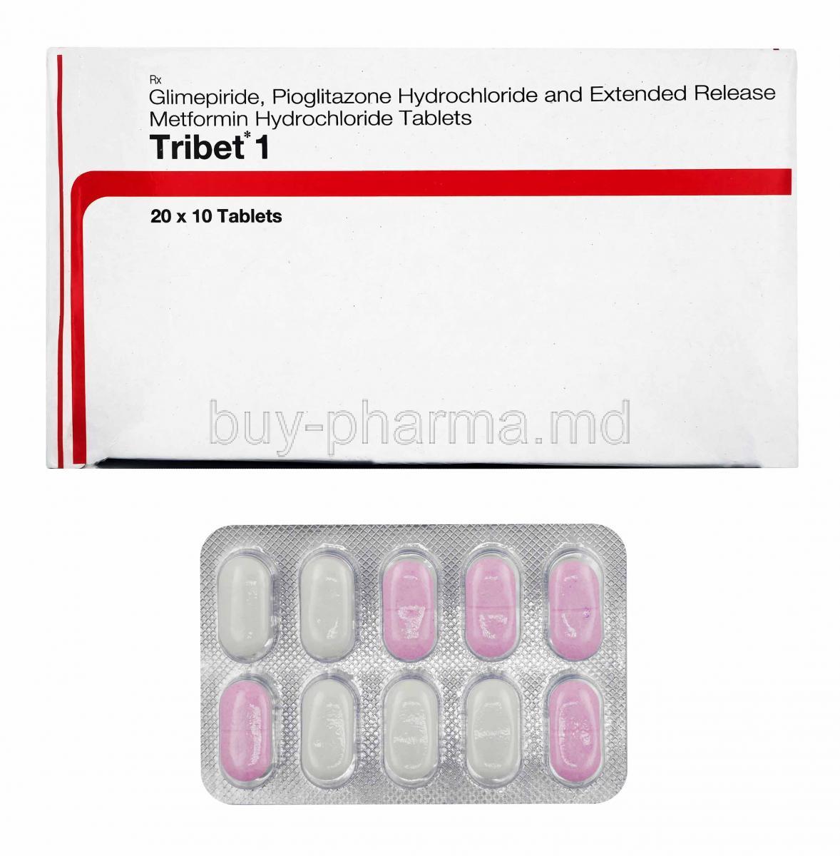 Tribet, Glimepiride, Metformin and Pioglitazone 1mg box and tablets