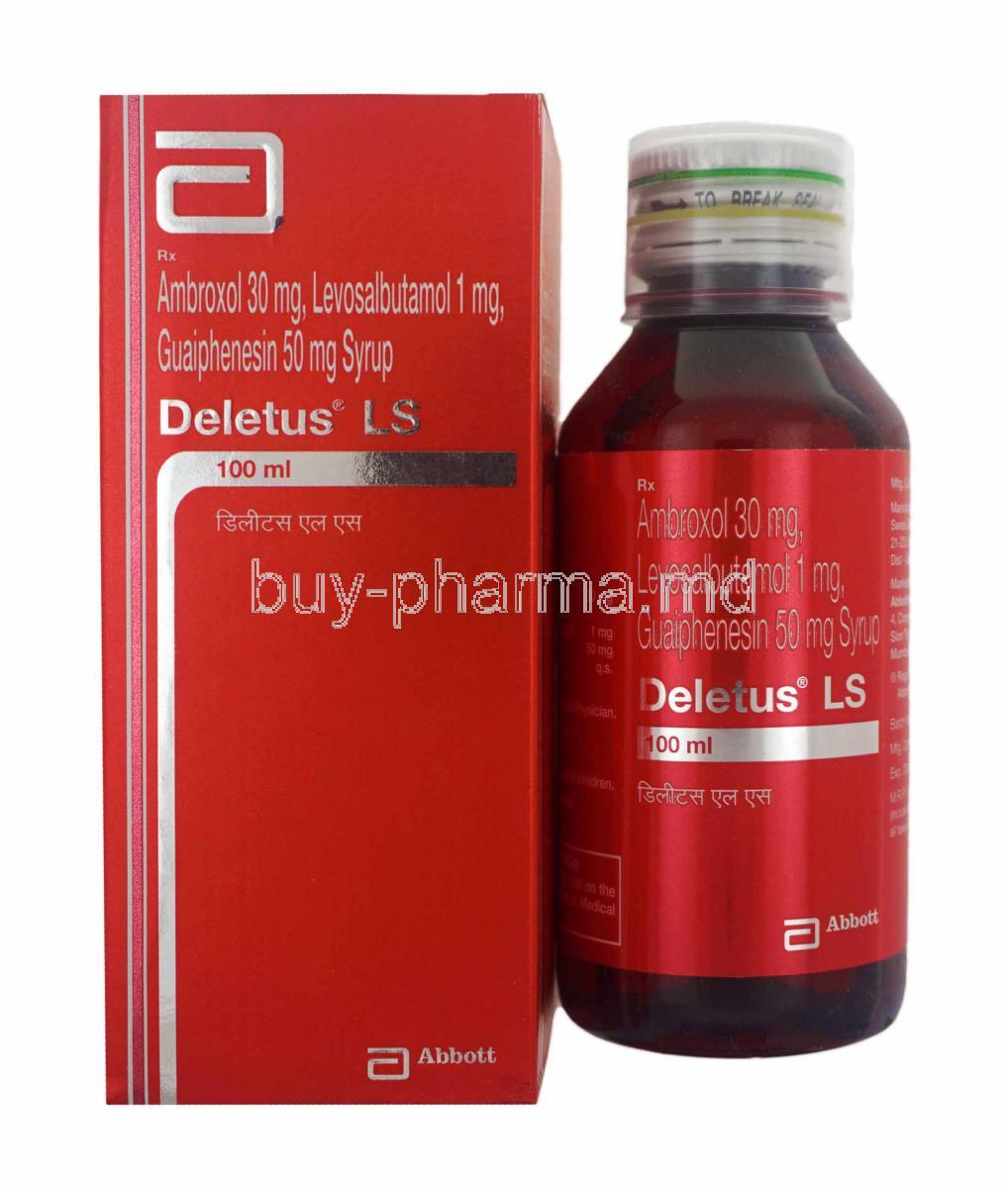 Deletus LS Syrup, Ambroxol, Levosalbutamol and Guaifenesin, box and bottle